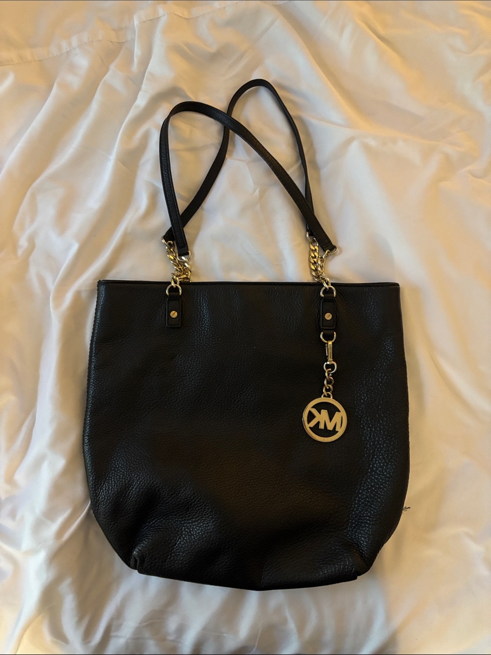 Michael Kors Black Pebbled Leather Tote with Gold MK Charm